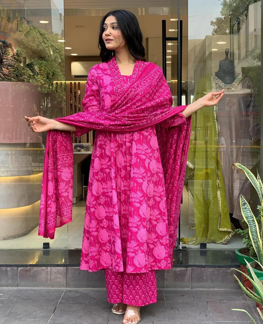 Pink Floral Anarkali Cotton Suit Set