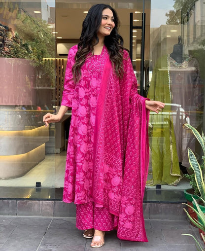 Pink Floral Anarkali Cotton Suit Set