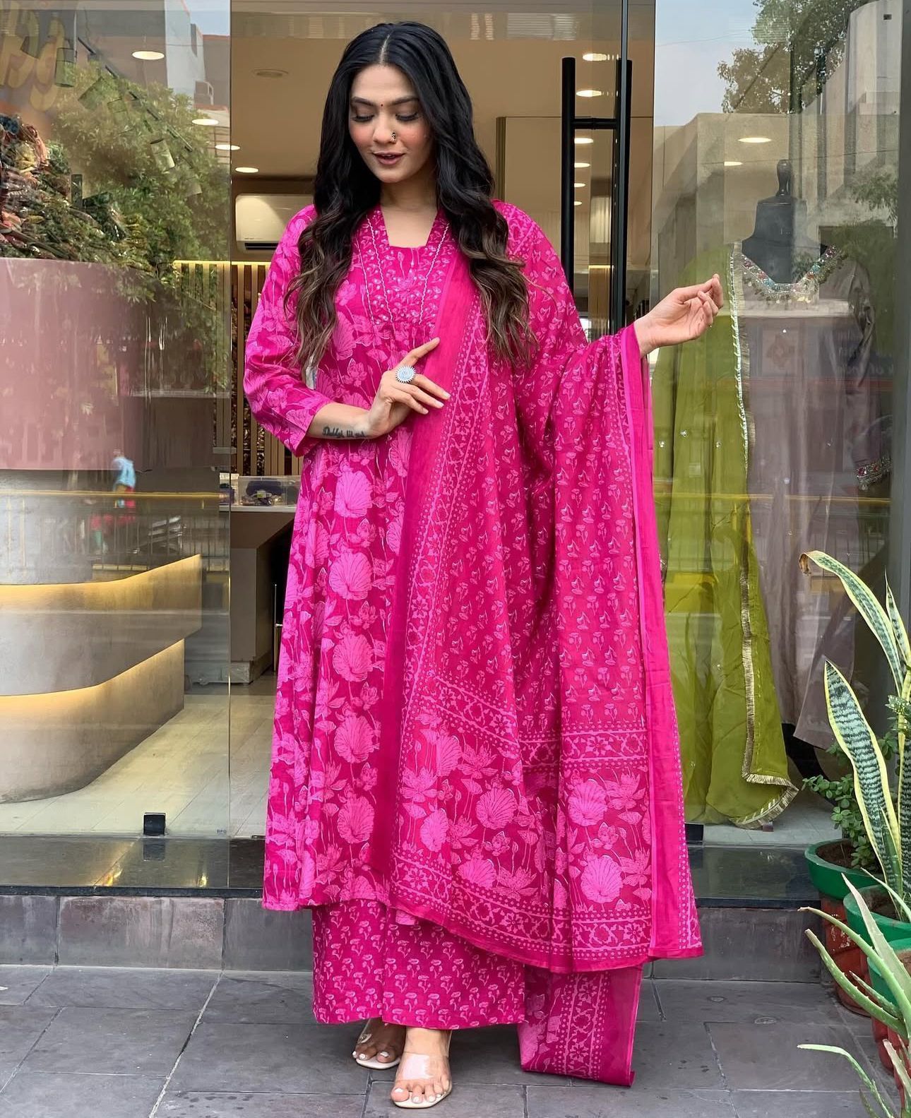 Pink Floral Anarkali Cotton Suit Set