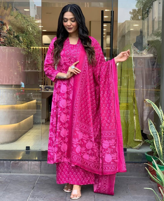 Pink Floral Anarkali Cotton Suit Set