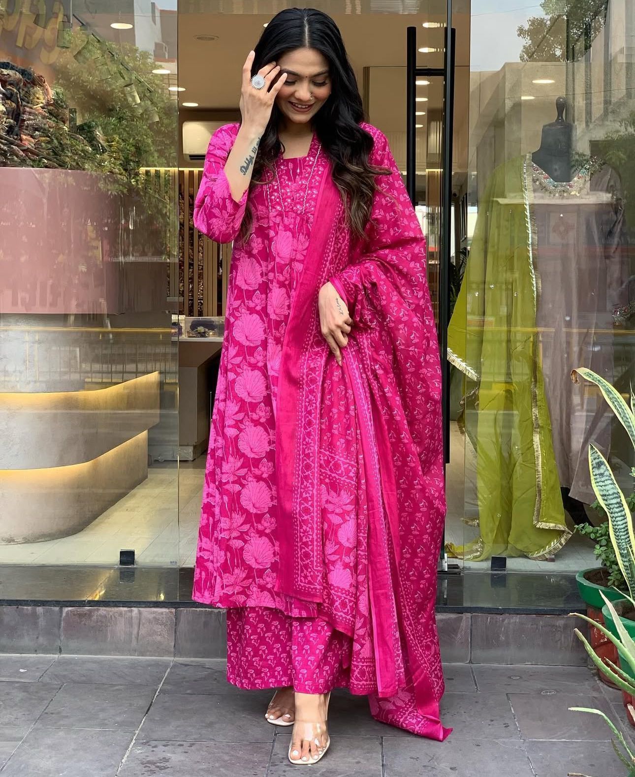 Pink Floral Anarkali Cotton Suit Set
