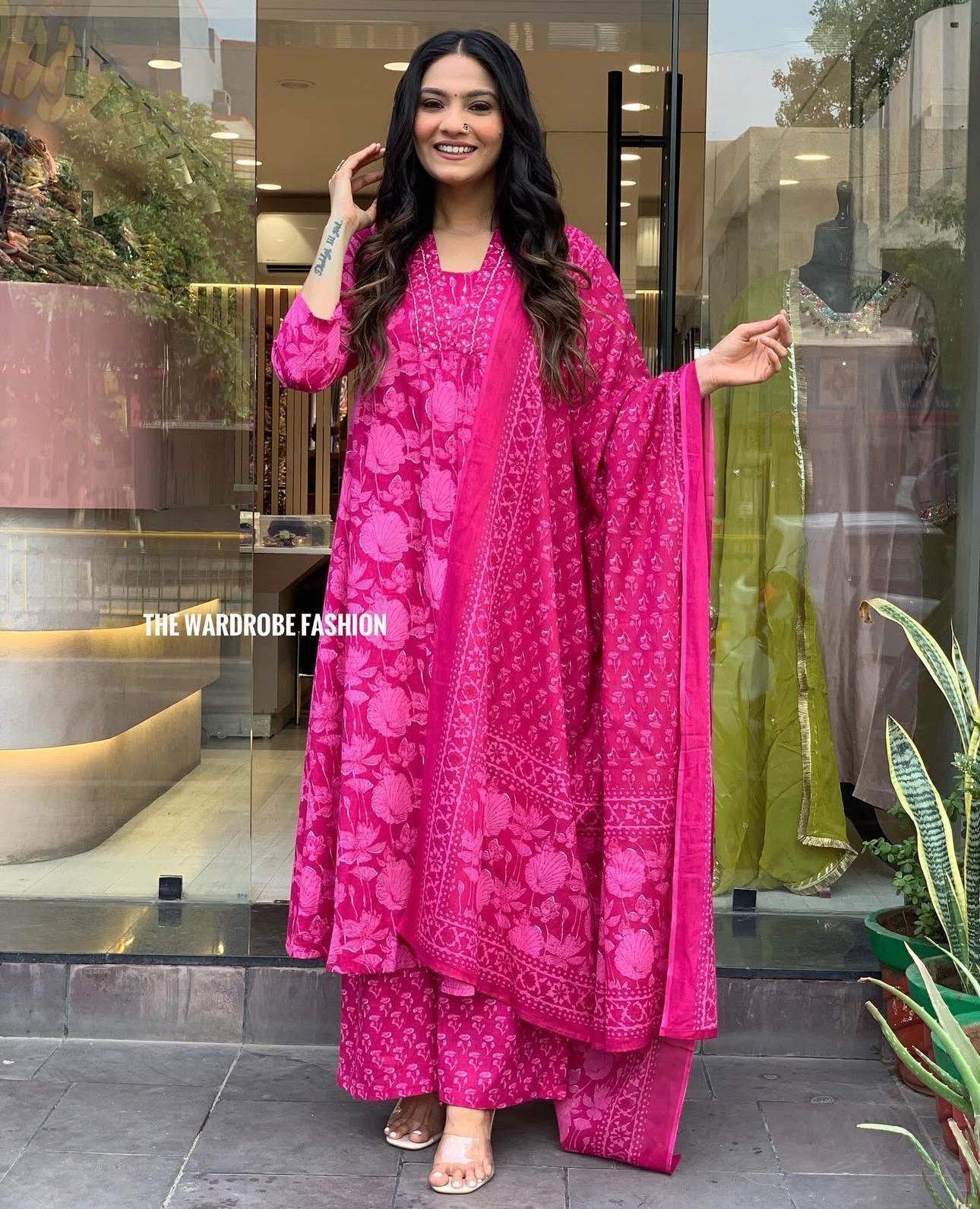 Pink Floral Anarkali Cotton Suit Set