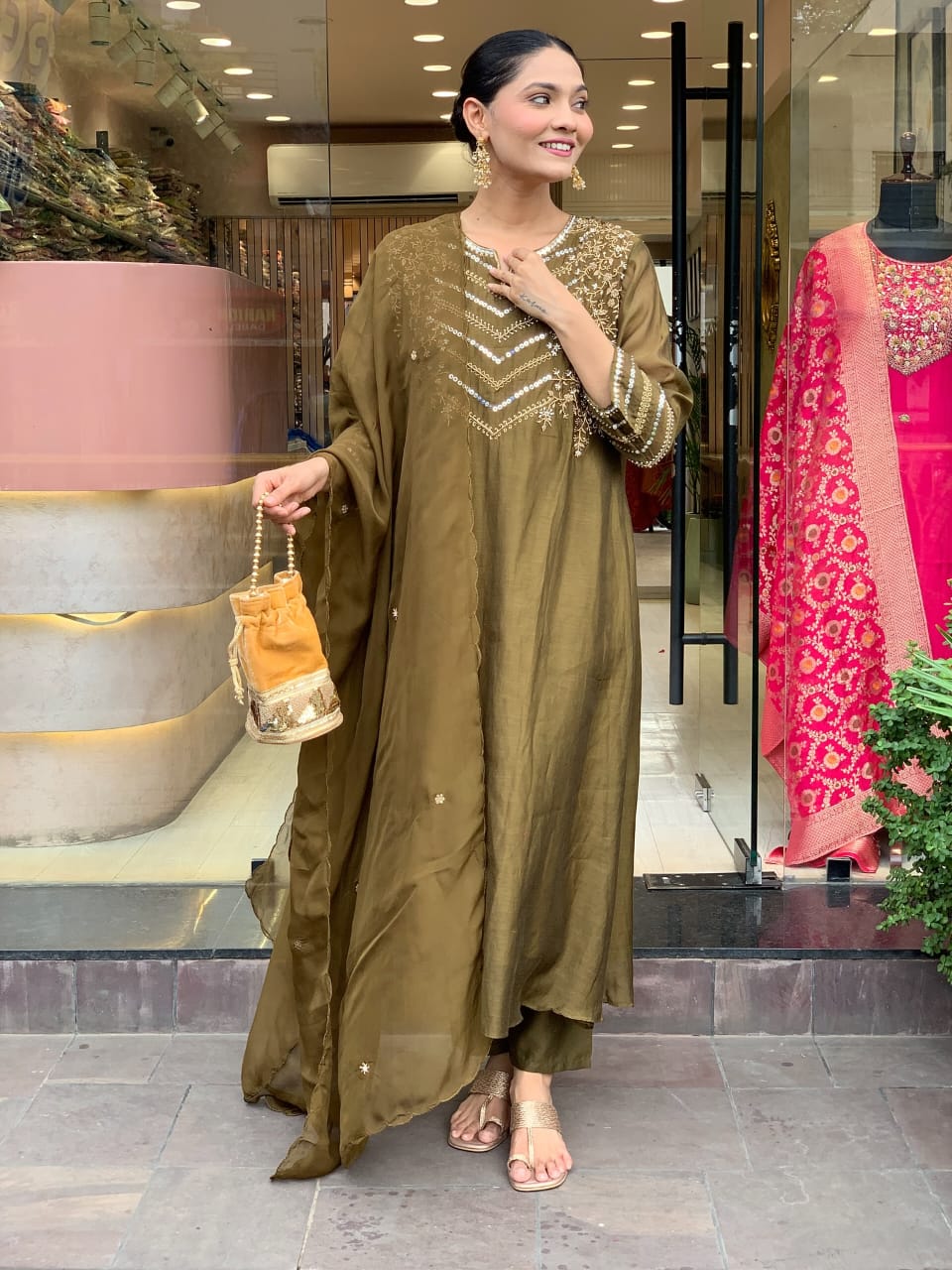 Zehra Olive Chanderi Elegance Suit Set