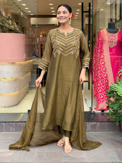 Zehra Olive Chanderi Elegance Suit Set