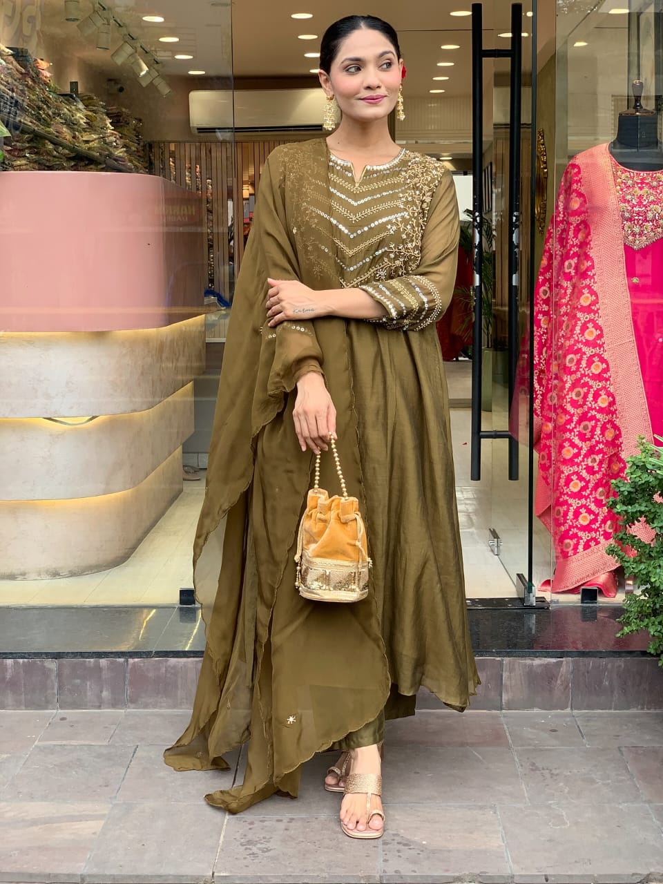 Zehra Olive Chanderi Elegance Suit Set