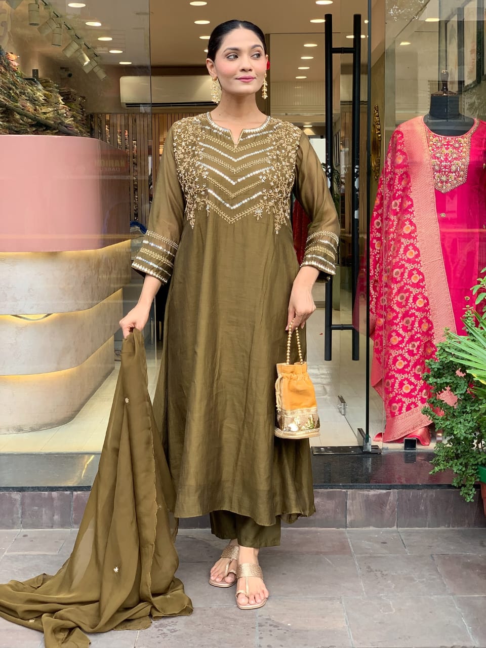 Zehra Olive Chanderi Elegance Suit Set