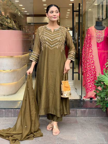 Zehra Olive Chanderi Elegance Suit Set