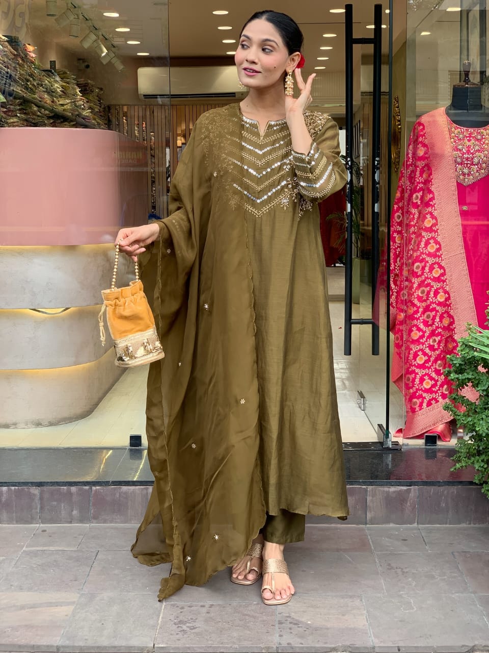 Zehra Olive Chanderi Elegance Suit Set