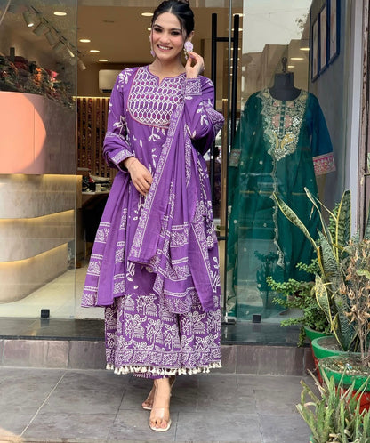 Purple Weaving and Print Anarkali Suit