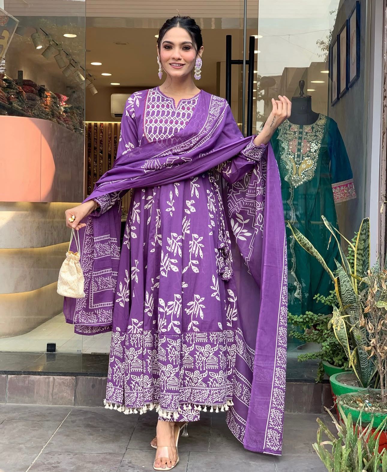 Purple Weaving and Print Anarkali Suit