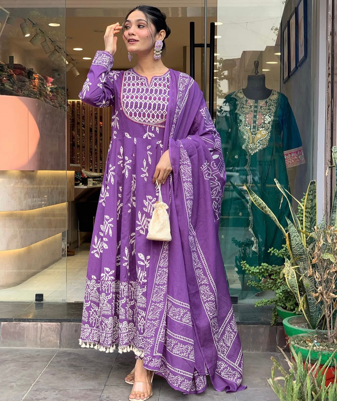 Purple Weaving and Print Anarkali Suit