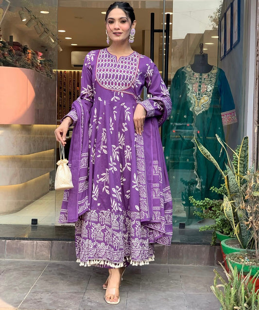 Purple Weaving and Print Anarkali Suit