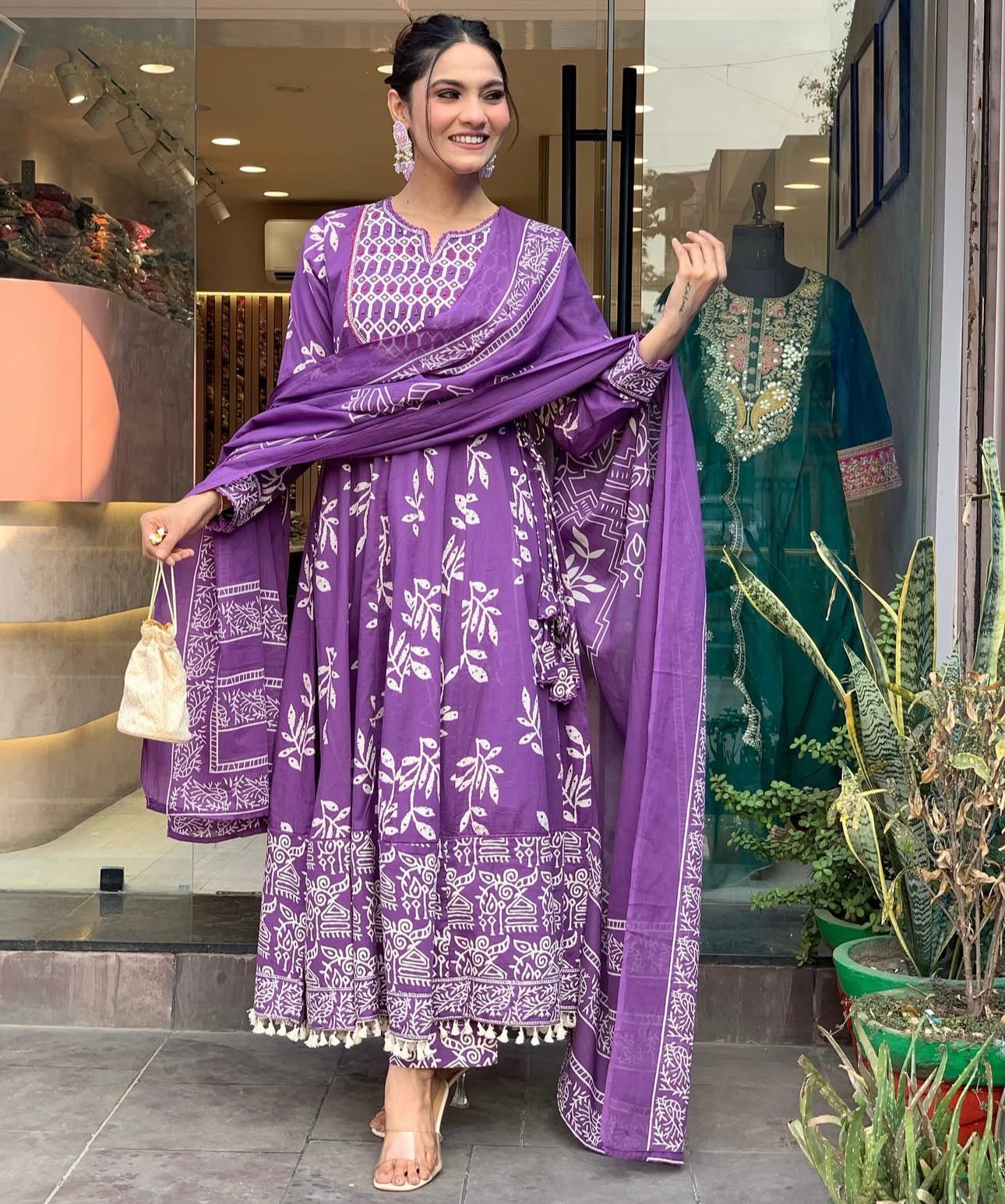 Purple Weaving and Print Anarkali Suit