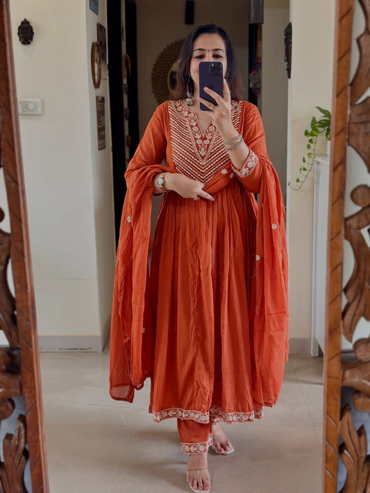 Rust Glow Hand-Embroidered Cotton Anarkali Set