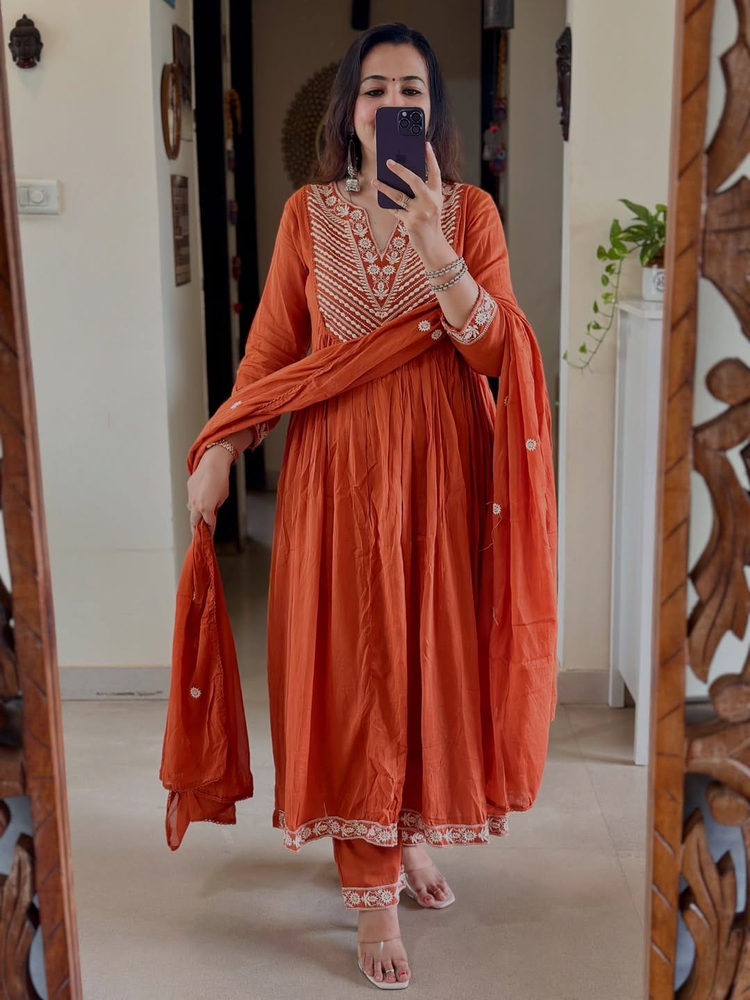Rust Glow Hand-Embroidered Cotton Anarkali Set