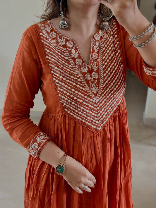 Rust Glow Hand-Embroidered Cotton Anarkali Set