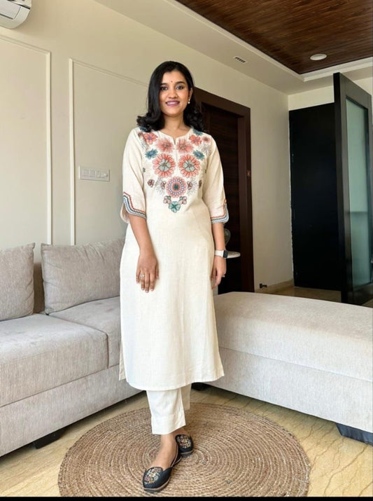 Ivory Bloom Cotton Flex Embroidered Kurta Set