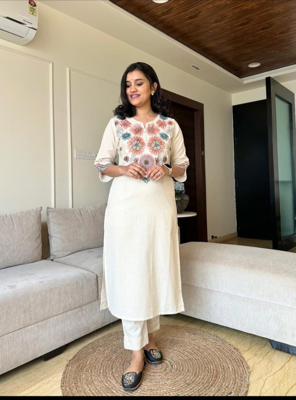 Ivory Bloom Cotton Flex Embroidered Kurta Set