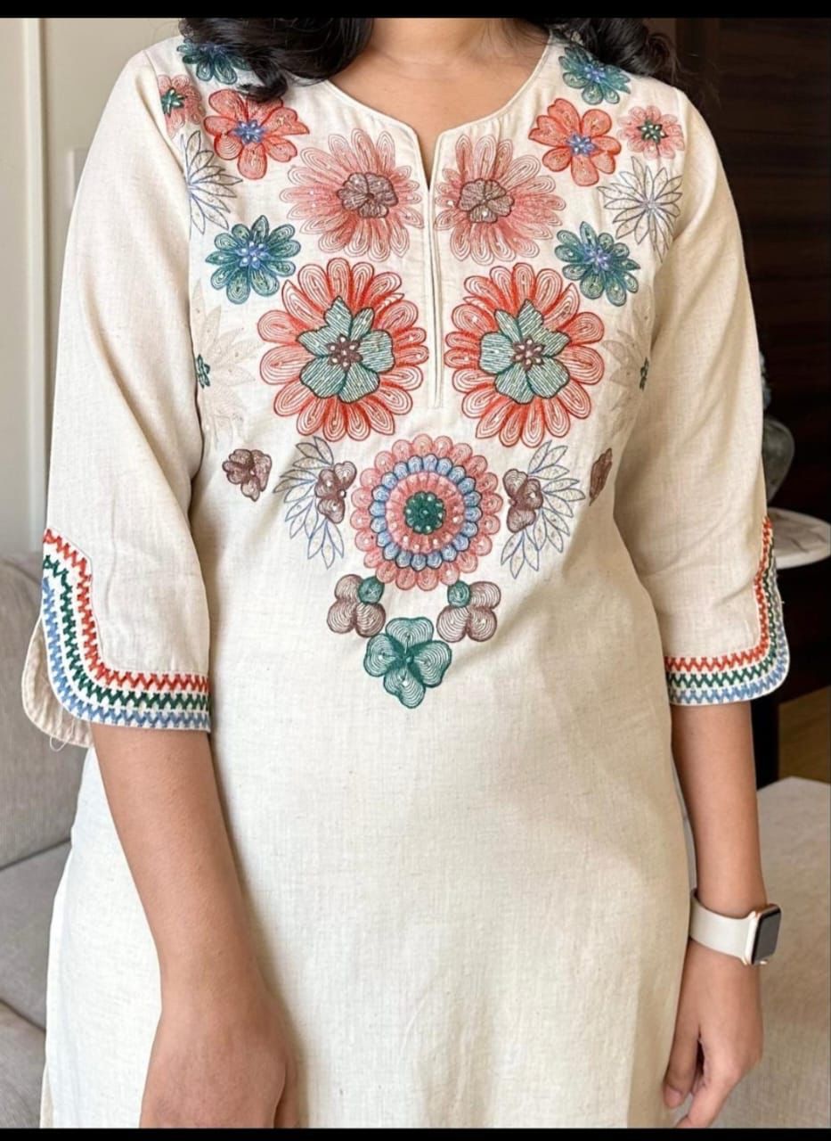 Ivory Bloom Cotton Flex Embroidered Kurta Set