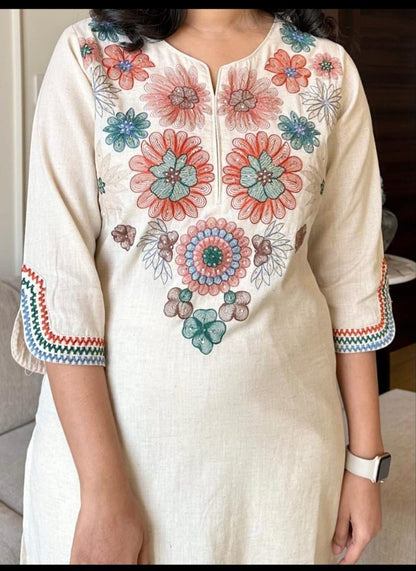 Ivory Bloom Cotton Flex Embroidered Kurta Set
