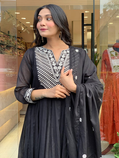 Noir Elegance Embroidered Cotton Anarkali Set