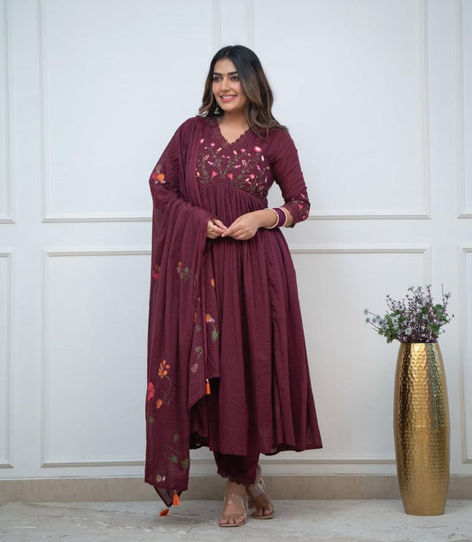 Maroon Blossom Embroidered Cotton Anarkali Set