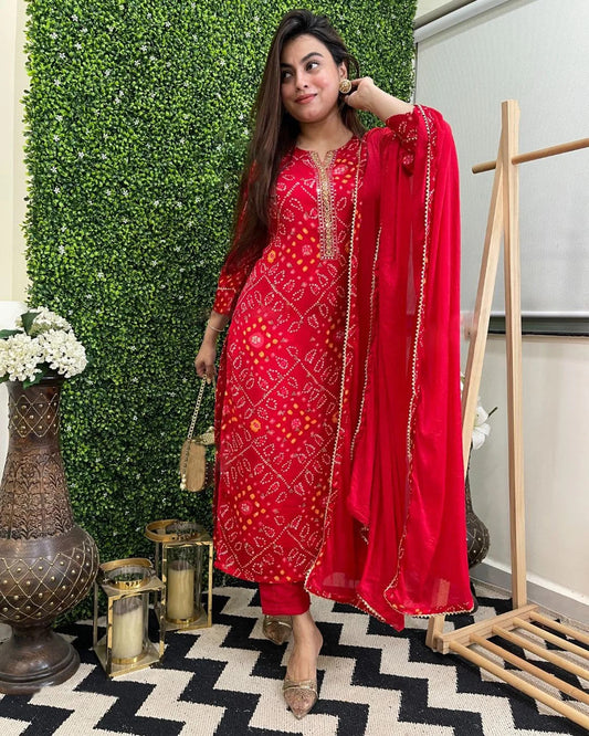 Red Bandhani Suit with Gota Patti