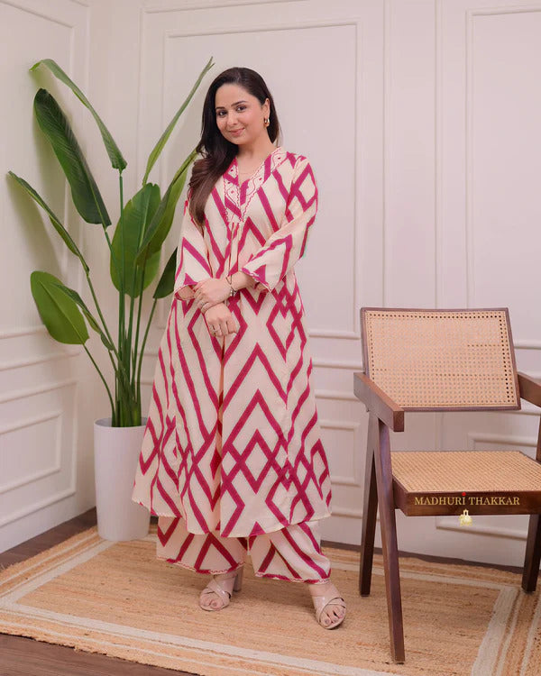 Magenta and Beige Geometric Print Suit