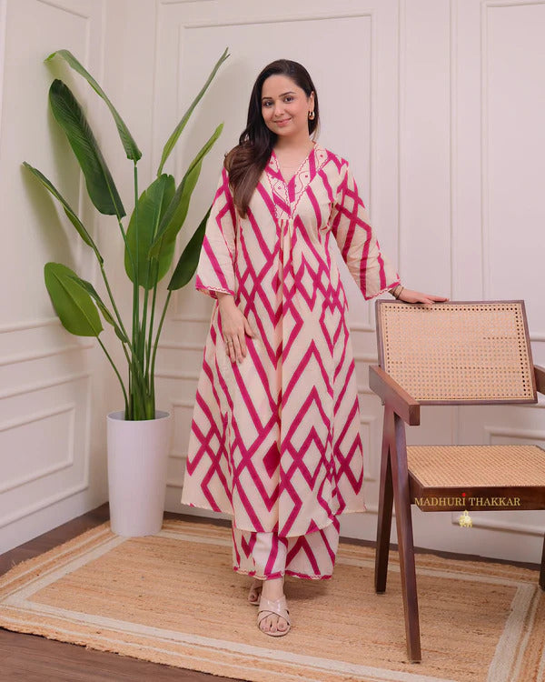 Magenta and Beige Geometric Print Suit