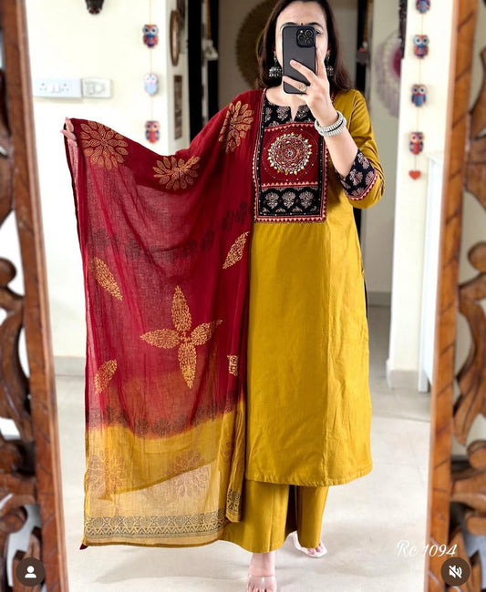 Mustard &amp; Maroon Cotton Suit with Embroidered Yoke