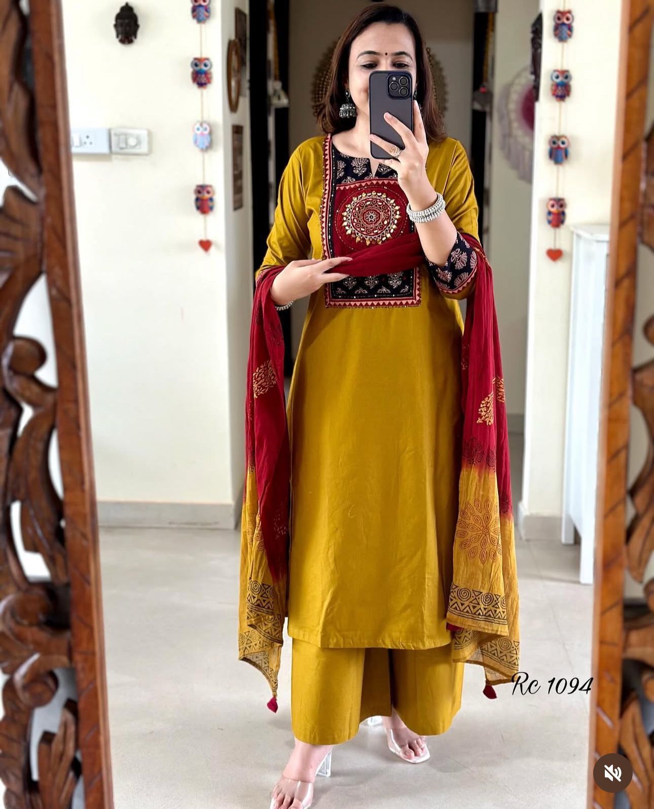 Mustard &amp; Maroon Cotton Suit with Embroidered Yoke