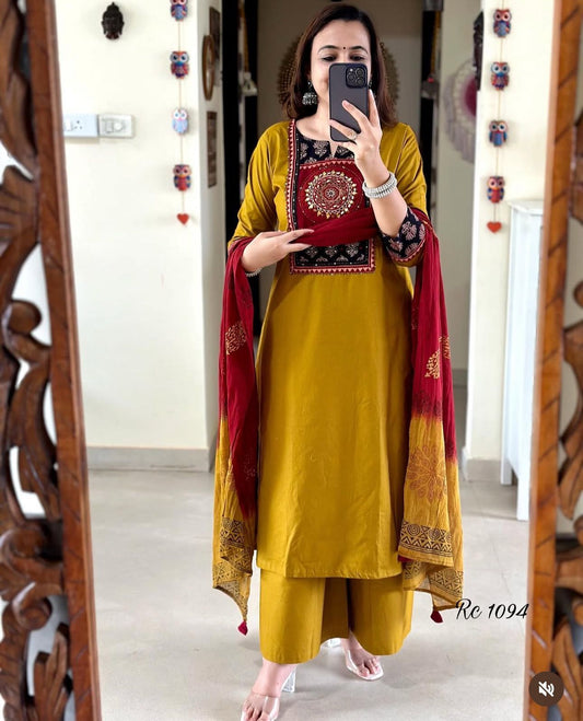 Mustard &amp; Maroon Cotton Suit with Embroidered Yoke