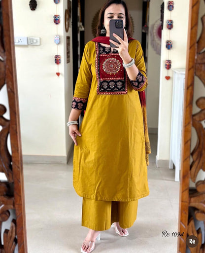 Mustard &amp; Maroon Cotton Suit with Embroidered Yoke