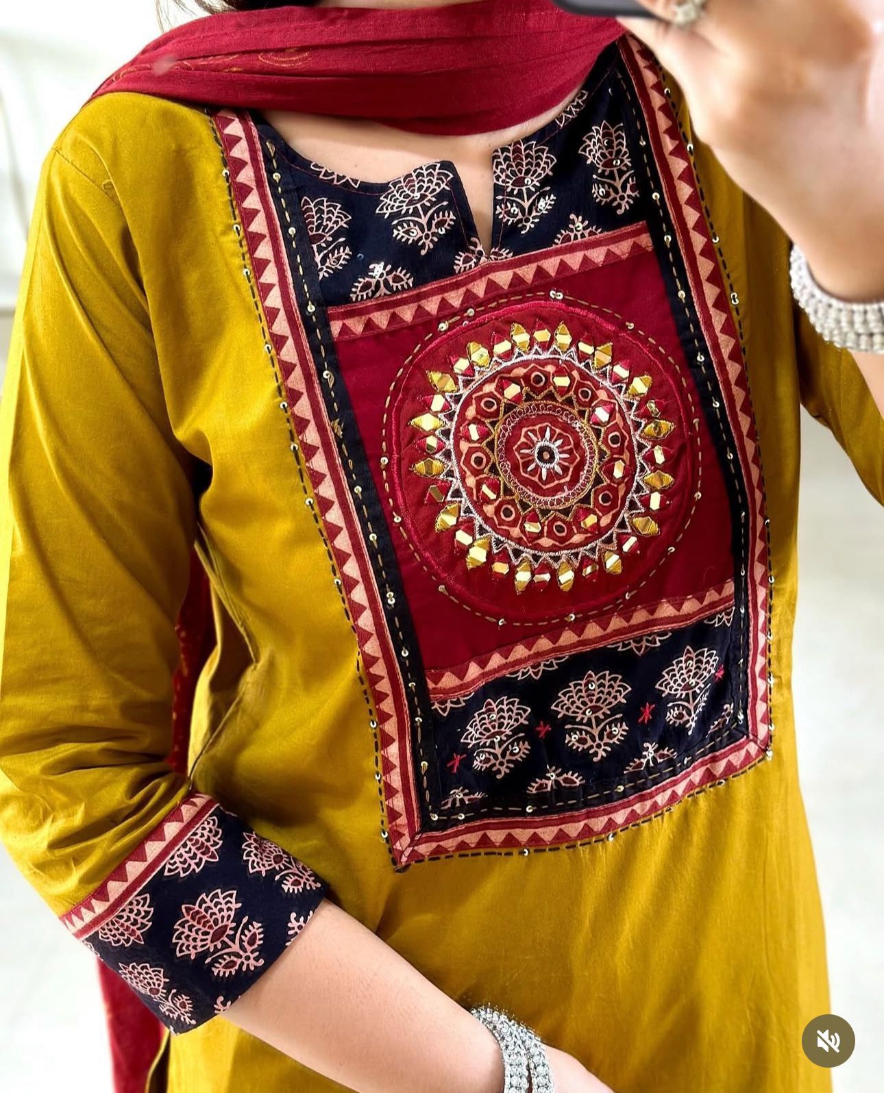 Mustard &amp; Maroon Cotton Suit with Embroidered Yoke