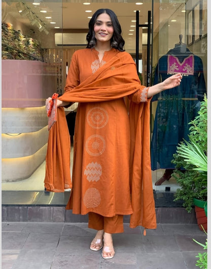 Terracotta Cotton Suit with Circular Embroidery