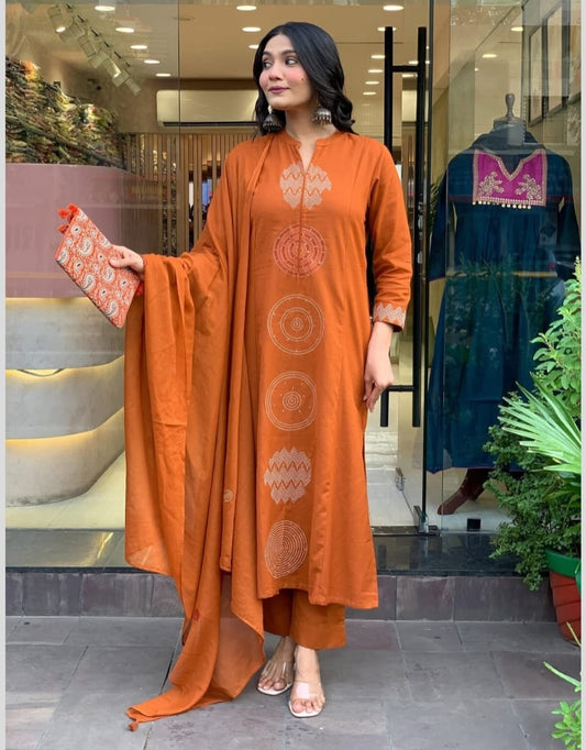 Terracotta Cotton Suit with Circular Embroidery