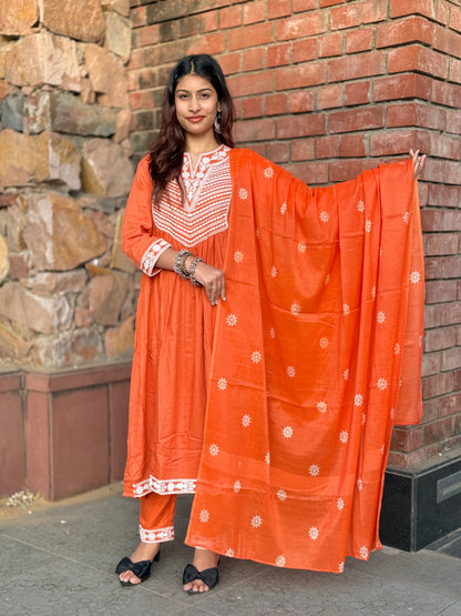 Rust Glow Hand-Embroidered Cotton Anarkali Set