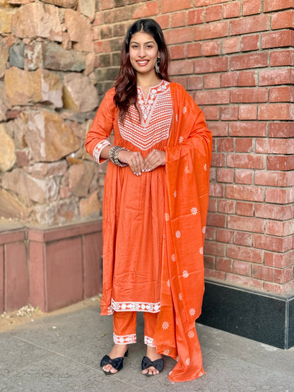 Rust Glow Hand-Embroidered Cotton Anarkali Set