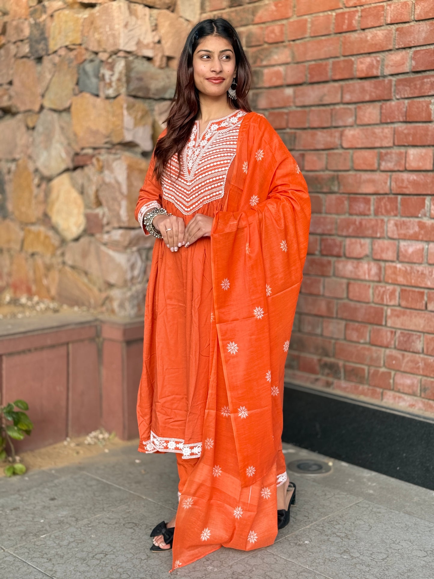 Rust Glow Hand-Embroidered Cotton Anarkali Set
