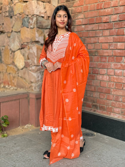 Rust Glow Hand-Embroidered Cotton Anarkali Set