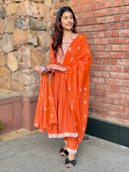 Rust Glow Hand-Embroidered Cotton Anarkali Set