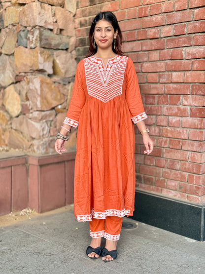 Rust Glow Hand-Embroidered Cotton Anarkali Set