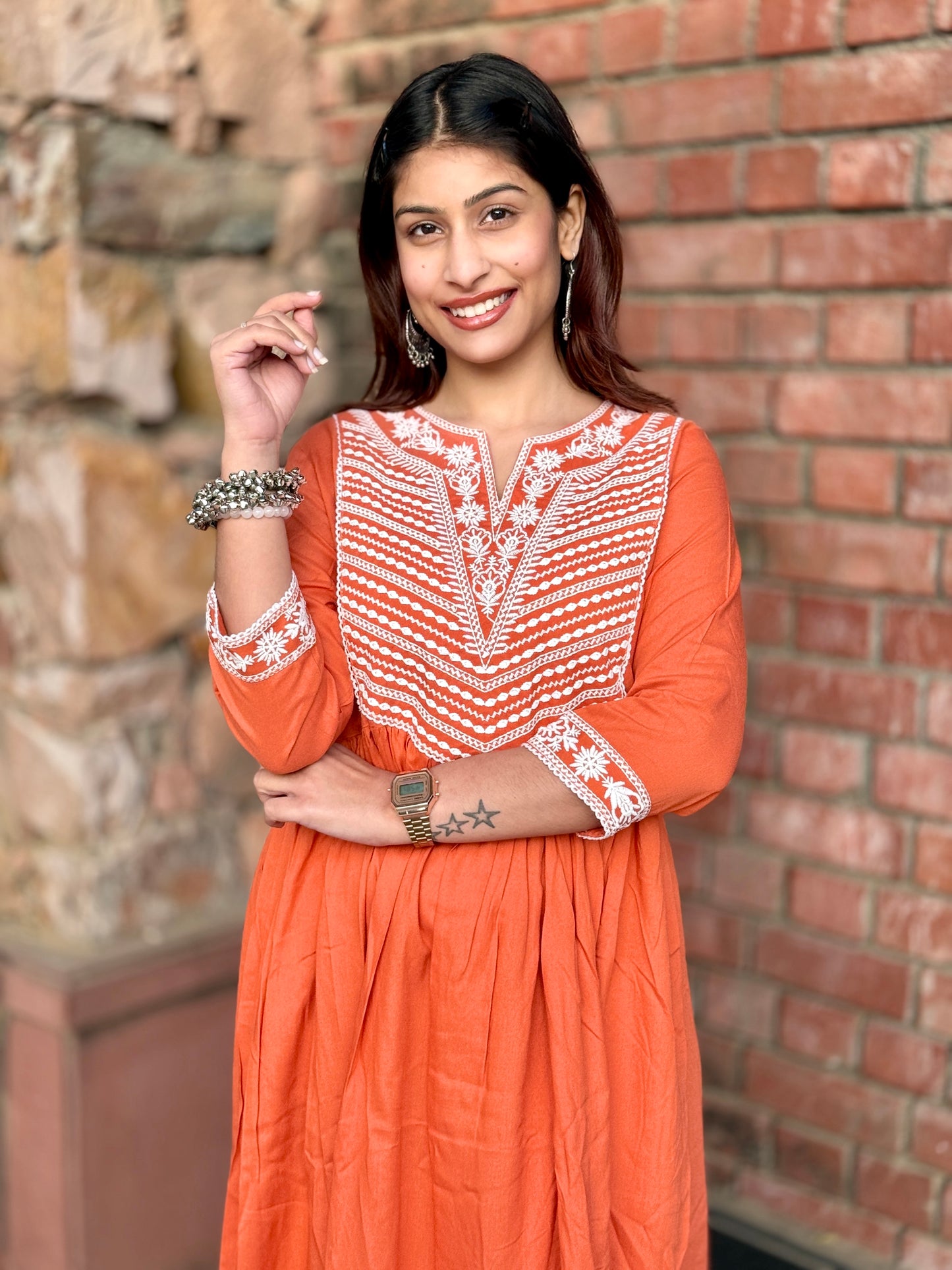Rust Glow Hand-Embroidered Cotton Anarkali Set