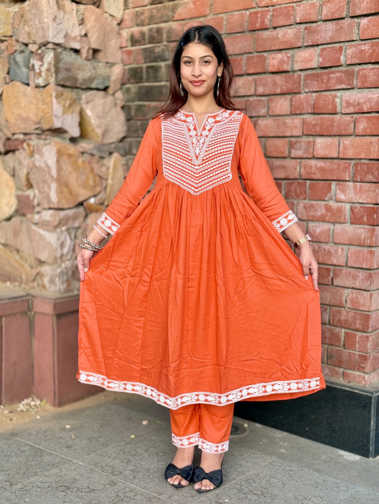 Rust Glow Hand-Embroidered Cotton Anarkali Set
