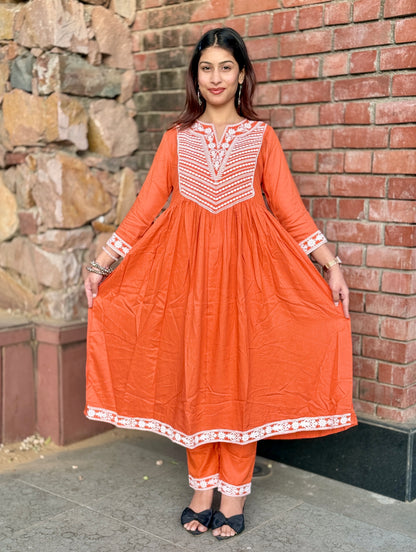 Rust Glow Hand-Embroidered Cotton Anarkali Set