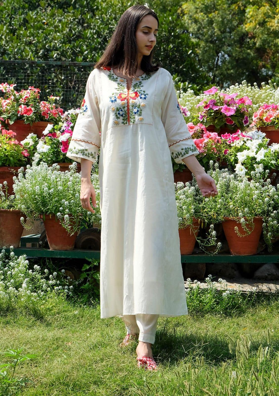 Garden Grace Embroidered Cotton Kurta Set