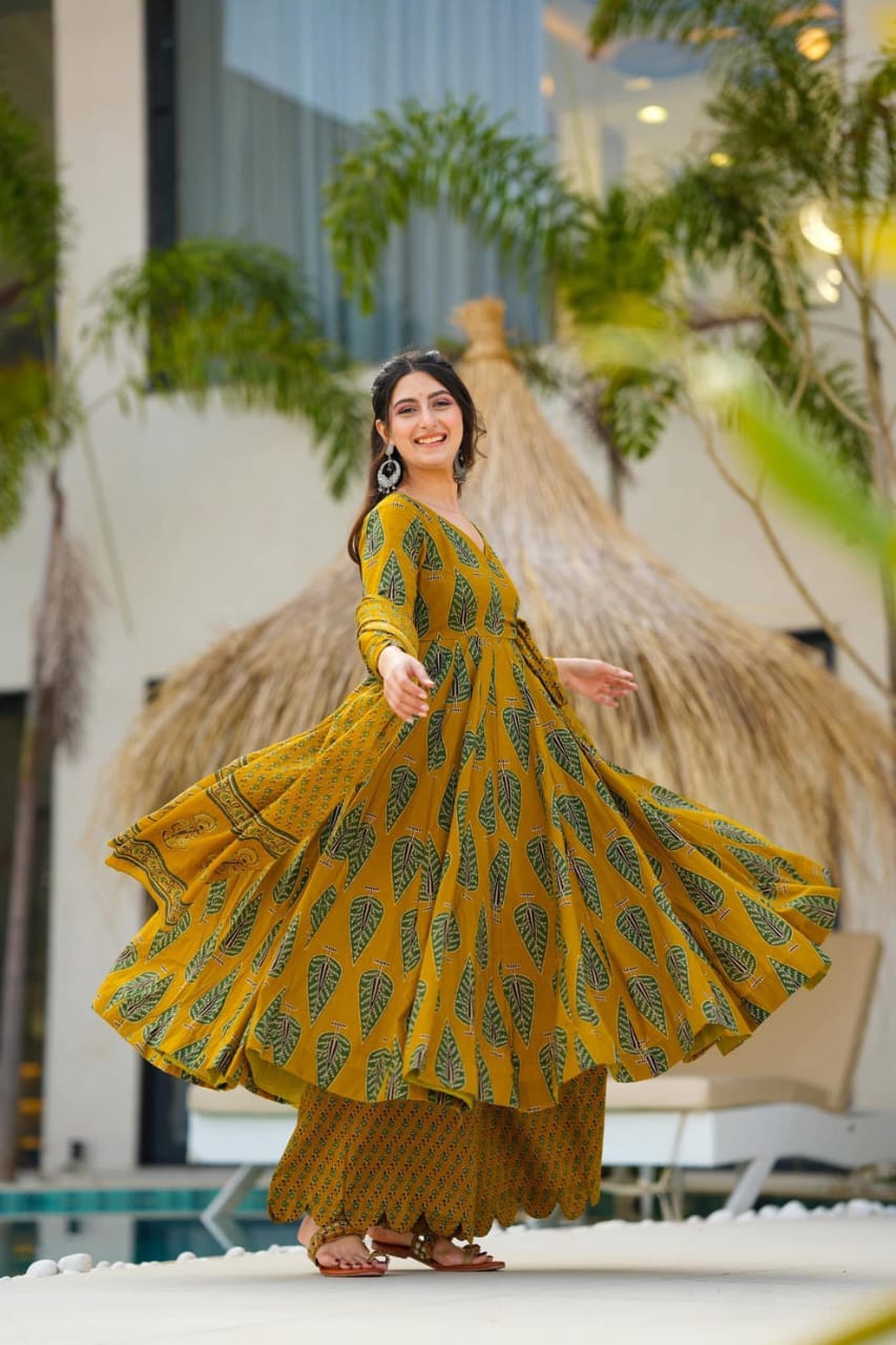Golden Bloom Anarkali Cotton Set