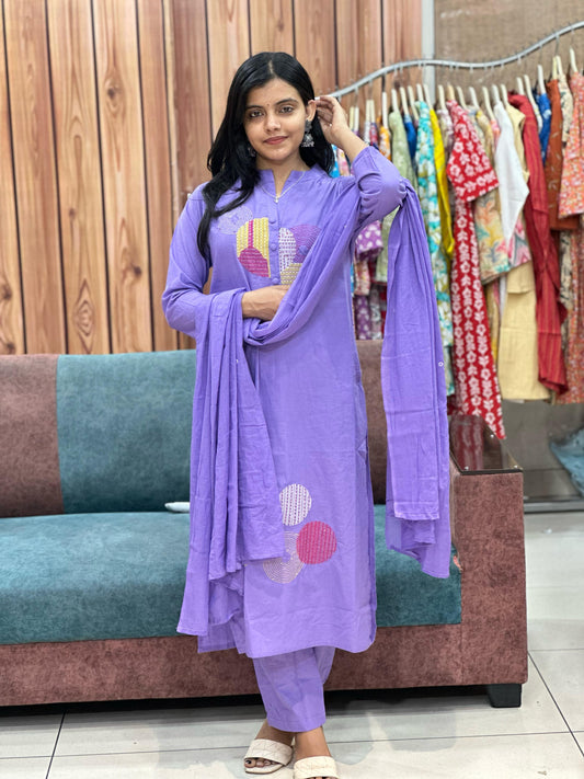 Lavender Bliss Pure Cotton Suit – Hand Embroidered Elegance