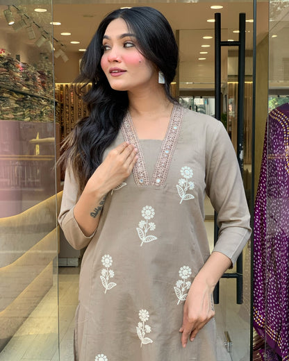 Beige Cotton Set with Modern Handwork