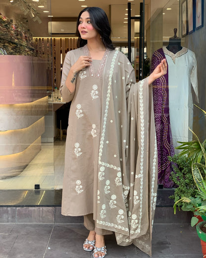 Beige Cotton Set with Modern Handwork